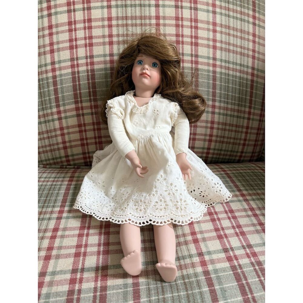 Vintage 1993 Porcelain Doll Brown Hair Blue Eyes 20" Collectible